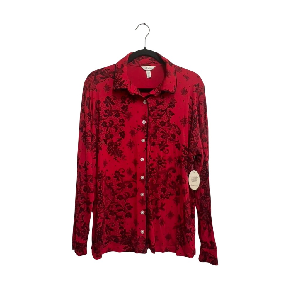 Soma Cool Nights Pajama Top Red Black Floral Print Button Front Large NWT